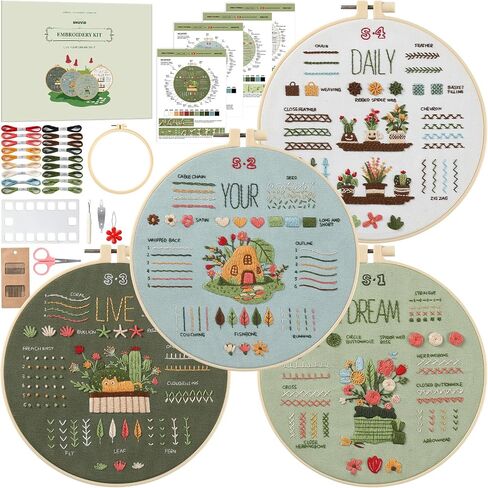 Snuvid Embroidery Kit for Beginners, 4 Stages to Learn 38 Stitches with Step-by-Step Video Tutorials, Pre-Printed Patterns, Embroidery Hoop, Threads and Needles for Adults in Saudi Arabia