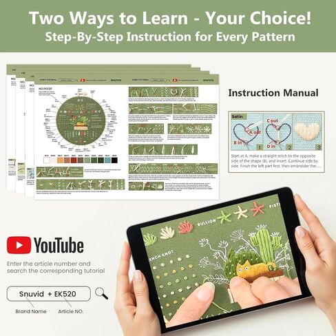 Snuvid Embroidery Kit for Beginners, 4 Stages to Learn 38 Stitches with Step-by-Step Video Tutorials, Pre-Printed Patterns, Embroidery Hoop, Threads and Needles for Adults in Saudi Arabia