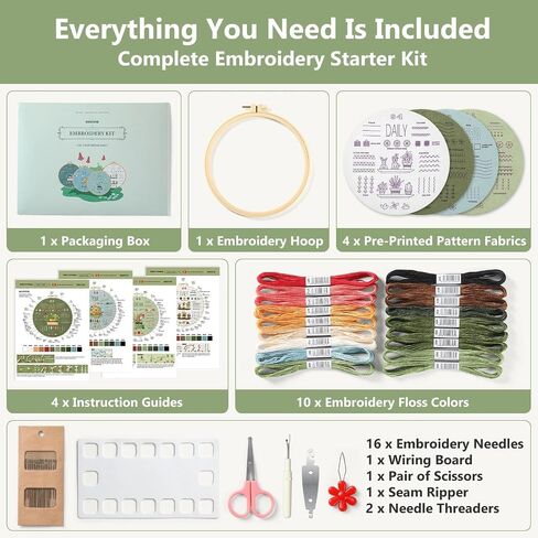 Snuvid Embroidery Kit for Beginners, 4 Stages to Learn 38 Stitches with Step-by-Step Video Tutorials, Pre-Printed Patterns, Embroidery Hoop, Threads and Needles for Adults in Saudi Arabia