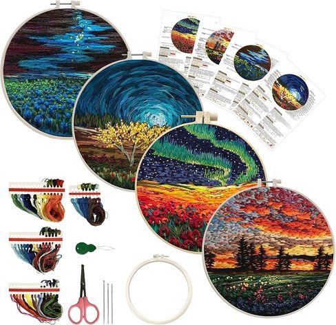 Maydear 4 Pack Embroidery Starter Kit with Pattern, Stamped Cross Stitch Kits for Beginners Adults with Embroidery Hoop and Instructions, Hand Embroidery Kit (Embroidery kit flower2) in Kuwait