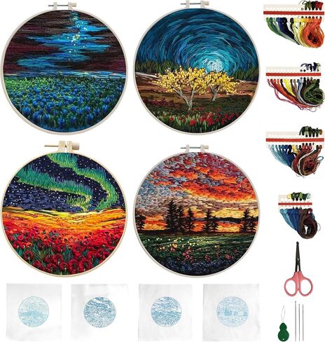 Maydear 4 Pack Embroidery Starter Kit with Pattern, Stamped Cross Stitch Kits for Beginners Adults with Embroidery Hoop and Instructions, Hand Embroidery Kit (Embroidery kit flower2) in Kuwait