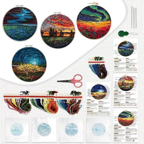 Maydear 4 Pack Embroidery Starter Kit with Pattern, Stamped Cross Stitch Kits for Beginners Adults with Embroidery Hoop and Instructions, Hand Embroidery Kit (Embroidery kit flower2) in Kuwait