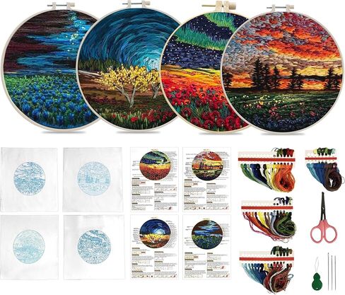Maydear 4 Pack Embroidery Starter Kit with Pattern, Stamped Cross Stitch Kits for Beginners Adults with Embroidery Hoop and Instructions, Hand Embroidery Kit (Embroidery kit flower2) in Kuwait