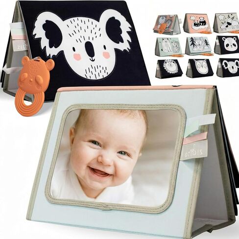 Soft Tummy Time Book with Large Stimulating Baby Safe Mirror - Fun High Contrast Montessori Toy w/ Mirror, Crinkle Paper & Silicone Teether - The Perfect Toy For Safe Early Newborn/Infant Development in Kuwait