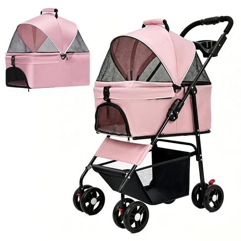 Pet Stroller for Small/Medium Dogs Cats,3 in 1 Dog Strollers,Detachable Carrier Basket,Breathable Mesh,Storage Basket,Cup Holder,Weather Cover(Pink) in Kuwait