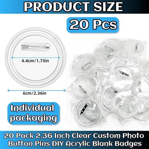 Clear Acrylic Button Pins for Crafts，20 Pcs 2.36 Inch Circle Round Button DIY Design Custom Pins Badges,Blank Photo Buttons for Crafts, Badge Making, School Projects, Teams,DIY Crafts Supplies in Kuwait
