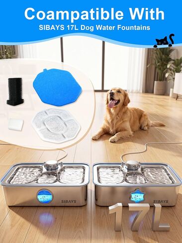 SIBAYS Dog Water Fountain Filter, 4.5Gal/17L Pet Fountain Filter Replacement, Made of Activated Carbon and PP Cotton, 12 Dog Water Filter, 12 Pre-Filter Sponge, 6 Pump Sponge and 2 Muffer Sponge L06 in Kuwait