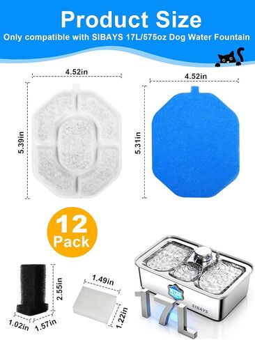SIBAYS Dog Water Fountain Filter, 4.5Gal/17L Pet Fountain Filter Replacement, Made of Activated Carbon and PP Cotton, 12 Dog Water Filter, 12 Pre-Filter Sponge, 6 Pump Sponge and 2 Muffer Sponge L06 in Kuwait