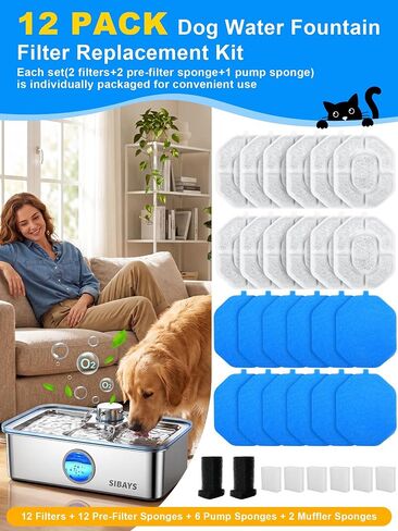 SIBAYS Dog Water Fountain Filter, 4.5Gal/17L Pet Fountain Filter Replacement, Made of Activated Carbon and PP Cotton, 12 Dog Water Filter, 12 Pre-Filter Sponge, 6 Pump Sponge and 2 Muffer Sponge L06 in Kuwait