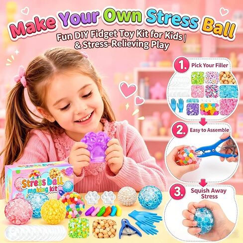 DIY Stress Ball Squishy Making Kit- 16 TPR Skins, 20 Fillers, Stress Ball Empty Bead Squishy Clear kit, Create ASMR Anxiety Relief Toys, Handmade Fidget Squishy Stress Balls, Party Favors for Party in Kuwait