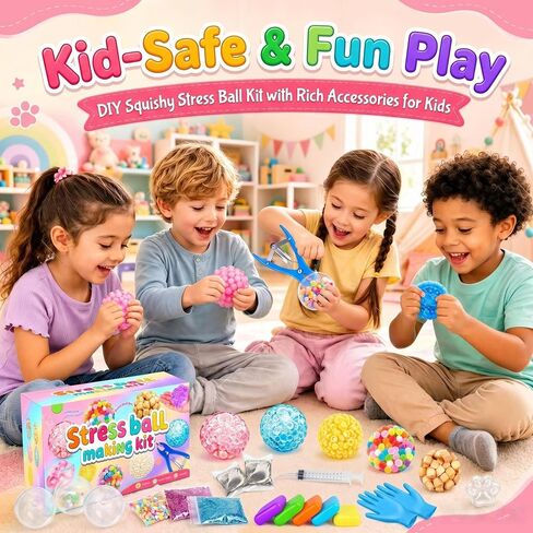 DIY Stress Ball Squishy Making Kit- 16 TPR Skins, 20 Fillers, Stress Ball Empty Bead Squishy Clear kit, Create ASMR Anxiety Relief Toys, Handmade Fidget Squishy Stress Balls, Party Favors for Party in Kuwait
