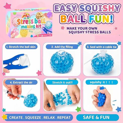 DIY Stress Ball Squishy Making Kit- 16 TPR Skins, 20 Fillers, Stress Ball Empty Bead Squishy Clear kit, Create ASMR Anxiety Relief Toys, Handmade Fidget Squishy Stress Balls, Party Favors for Party in Kuwait