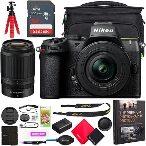 كاميرا Nikon Z 50 بدون مرآة، هيكل 4K DX + طقم عدسات 16-50 مم و50-250 مم 1632، حزمة صانعي الأفلام بما في ذلك مثبت DJI RS 3 Mini Gimbal + حقيبة ظهر للتصوير الفوتوغرافي Deco Gear + بطاقة وبرامج سعة 64 جيجابايت in Kuwait