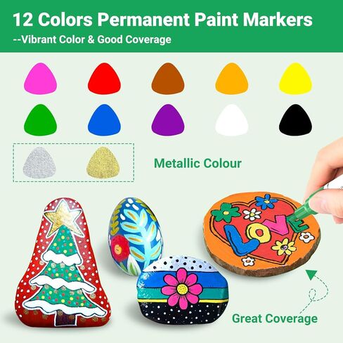 Oil Based Paint Pen, Permanent Paint Marker: Quick-Dry, Waterproof Marker Set of 12 for Rock Painting, Glass, Fabric, Ceramic, Wood, Metal, Mug, Plastic, Stone, Christmas Art Craft Supplies Kit in Kuwait