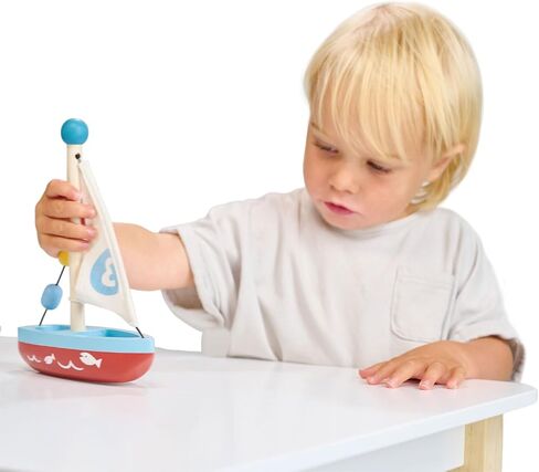 Mentari Toys - Wooden Sailing Boat - Montessori Sensory Toy for Pretend Play, Fine Motor Skills Development Wood Toy with Colorful Beads & Fabric Sail for Toddlers Kids Age 18 Months+ Birthday Gift in Kuwait