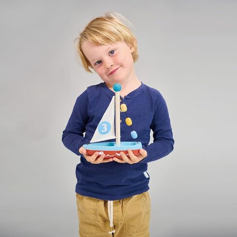 Mentari Toys - Wooden Sailing Boat - Montessori Sensory Toy for Pretend Play, Fine Motor Skills Development Wood Toy with Colorful Beads & Fabric Sail for Toddlers Kids Age 18 Months+ Birthday Gift in Kuwait