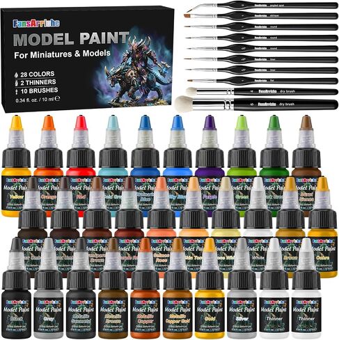 FansArriche Model Paint, 28 Colors with 2 Thinners, 8 Brushes & 2 Drybrush in Kuwait