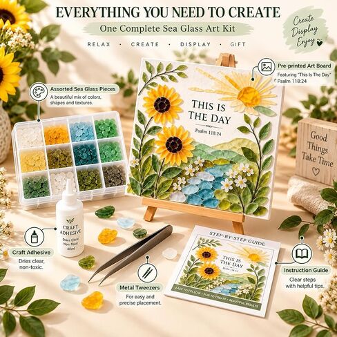 Vorzeth This is The Day Sea Glass Art Kits for Adults, Psalm 118:24 DIY Sea Glass Mosaic Craft Kit with Sunflower Design, Creative Art Project, Meaningful Gift & Faith-Inspired Home Decor in Saudi Arabia