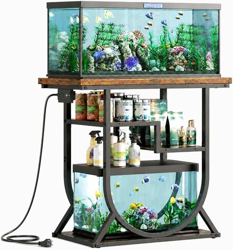 HavenlyYouth 20-29 Gallon Fish Tank Stand with Power Outlet, Metal U Shaped Aquarium Stand with Storage Shelves, Heavy Duty Terrarium Rack for Home Office, 31.5" L x 15.7" W x 29.4" H, Rustic Brown in Saudi Arabia