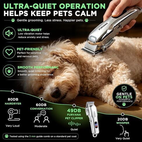 Furvana Set of 15 Dog Clippers for Grooming, Professional Dog Grooming Kit with 10W High-Torque Motor, Stainless Steel Blade, 6 Guide Combs, 49dB Quiet, 2000mAh, Corded & Cordless in Saudi Arabia