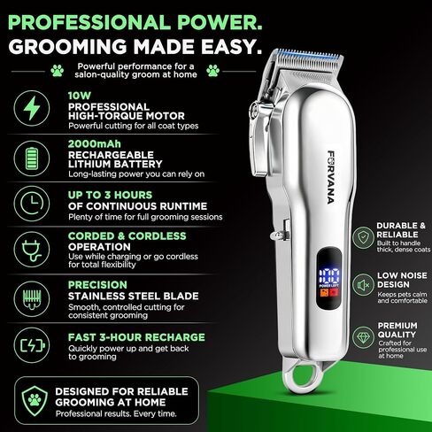 Furvana Set of 15 Dog Clippers for Grooming, Professional Dog Grooming Kit with 10W High-Torque Motor, Stainless Steel Blade, 6 Guide Combs, 49dB Quiet, 2000mAh, Corded & Cordless in Saudi Arabia