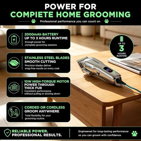 Furvana Set of 15 Dog Clippers for Grooming, Professional Dog Grooming Kit with 10W High-Torque Motor, Stainless Steel Blade, 6 Guide Combs, 49dB Quiet, 2000mAh, Corded & Cordless in Saudi Arabia