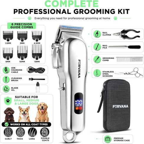 Furvana Set of 15 Dog Clippers for Grooming, Professional Dog Grooming Kit with 10W High-Torque Motor, Stainless Steel Blade, 6 Guide Combs, 49dB Quiet, 2000mAh, Corded & Cordless in Saudi Arabia