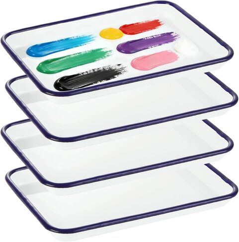 4-Pack Enamel Butcher Tray Palette for Watercolor & Gouache Mixing - 10" x 7" White Metal Paint Tray with Blue Rim - Vintage Artist Studio Organizer and Deep Mixing Surface for Art & Craft in Saudi Arabia