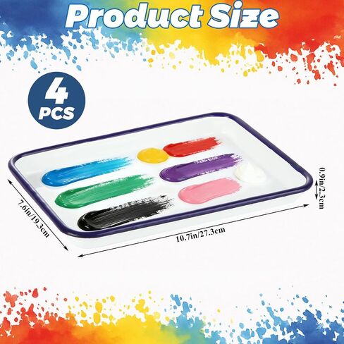 4-Pack Enamel Butcher Tray Palette for Watercolor & Gouache Mixing - 10" x 7" White Metal Paint Tray with Blue Rim - Vintage Artist Studio Organizer and Deep Mixing Surface for Art & Craft in Saudi Arabia