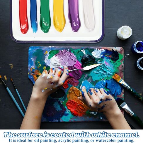 4-Pack Enamel Butcher Tray Palette for Watercolor & Gouache Mixing - 10" x 7" White Metal Paint Tray with Blue Rim - Vintage Artist Studio Organizer and Deep Mixing Surface for Art & Craft in Saudi Arabia
