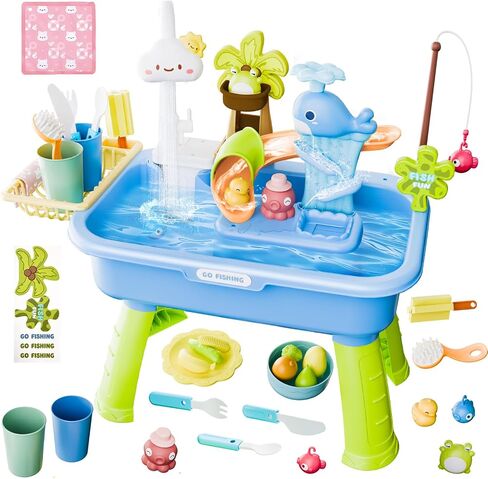 Water Table for Toddlers 1-3, Mini Water Table Toys with Pump for Kids Ages 4-8, 4-in-1 Play Sink with Running Water for Kids Outdoor Play, Kitchen Pretend Play(Blue) in Saudi Arabia