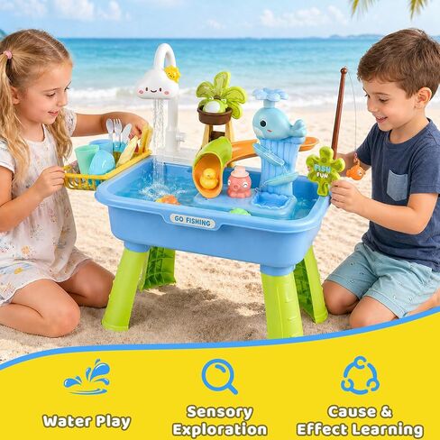 Water Table for Toddlers 1-3, Mini Water Table Toys with Pump for Kids Ages 4-8, 4-in-1 Play Sink with Running Water for Kids Outdoor Play, Kitchen Pretend Play(Blue) in Saudi Arabia