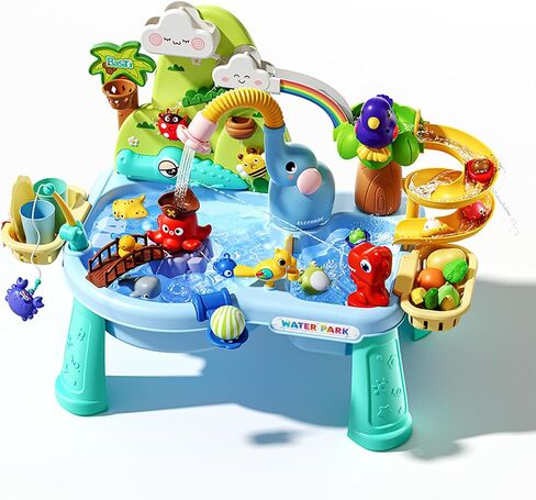 2027 Upgraded 10-in-1 Sand Water Table for Toddlers 1-3, Kids Sensory Table with Electric Water Pump & Elephant Faucet, Play Kitchen Sink with Food Accessories, Fishing Toy in Saudi Arabia