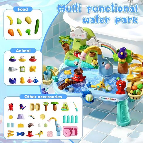 2027 Upgraded 10-in-1 Sand Water Table for Toddlers 1-3, Kids Sensory Table with Electric Water Pump & Elephant Faucet, Play Kitchen Sink with Food Accessories, Fishing Toy in Saudi Arabia