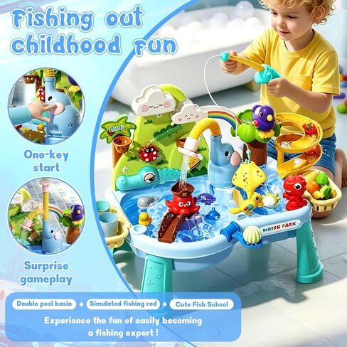 2027 Upgraded 10-in-1 Sand Water Table for Toddlers 1-3, Kids Sensory Table with Electric Water Pump & Elephant Faucet, Play Kitchen Sink with Food Accessories, Fishing Toy in Saudi Arabia