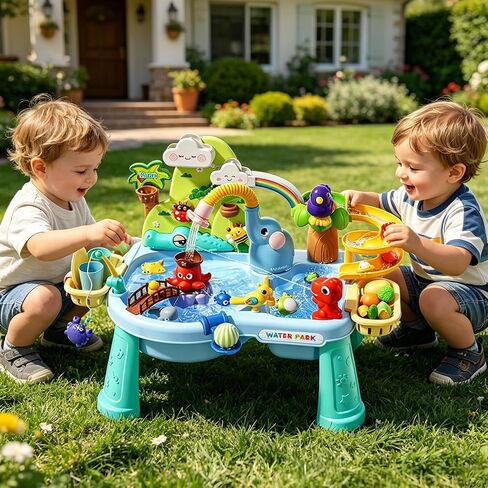 2027 Upgraded 10-in-1 Sand Water Table for Toddlers 1-3, Kids Sensory Table with Electric Water Pump & Elephant Faucet, Play Kitchen Sink with Food Accessories, Fishing Toy in Saudi Arabia