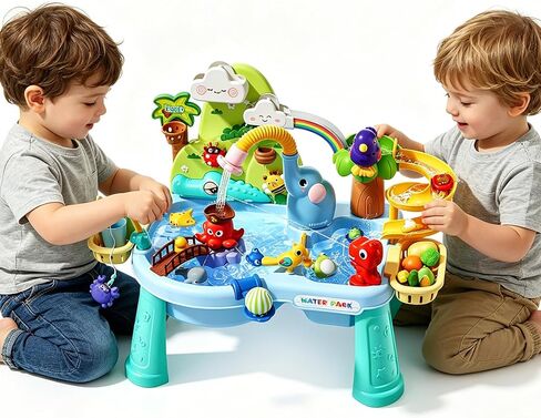 2027 Upgraded 10-in-1 Sand Water Table for Toddlers 1-3, Kids Sensory Table with Electric Water Pump & Elephant Faucet, Play Kitchen Sink with Food Accessories, Fishing Toy in Saudi Arabia