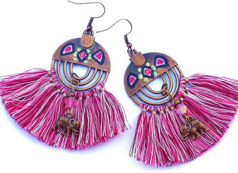 Lightweight Artisan Handmade Pink Fan Tassel Elephant Dangle Earrings Painted Accents Indian Boho Jewelry for Women Teen Girls in Kuwait
