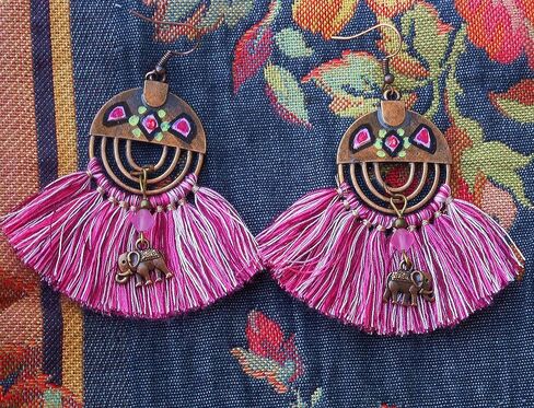 Lightweight Artisan Handmade Pink Fan Tassel Elephant Dangle Earrings Painted Accents Indian Boho Jewelry for Women Teen Girls in Kuwait
