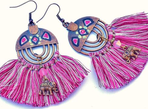 Lightweight Artisan Handmade Pink Fan Tassel Elephant Dangle Earrings Painted Accents Indian Boho Jewelry for Women Teen Girls in Kuwait