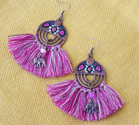 Lightweight Artisan Handmade Pink Fan Tassel Elephant Dangle Earrings Painted Accents Indian Boho Jewelry for Women Teen Girls in Kuwait