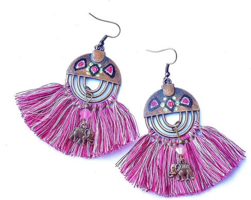 Lightweight Artisan Handmade Pink Fan Tassel Elephant Dangle Earrings Painted Accents Indian Boho Jewelry for Women Teen Girls in Kuwait