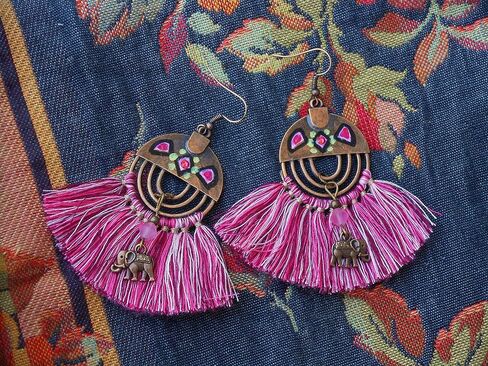 Lightweight Artisan Handmade Pink Fan Tassel Elephant Dangle Earrings Painted Accents Indian Boho Jewelry for Women Teen Girls in Kuwait