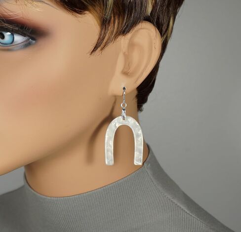 Modern Lightweight White U Shape Acrylic Boho Earrings, Hypoallergenic 18K Gold or Platinum Ear Wires in Saudi Arabia