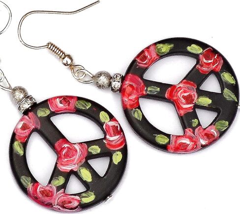 Lightweight Sterling Silver Peace Sign Hippie Boho Dangle Earrings with Artist Hand Painted Red Roses Bohemian Jewelry for Women Teen Girls in Kuwait