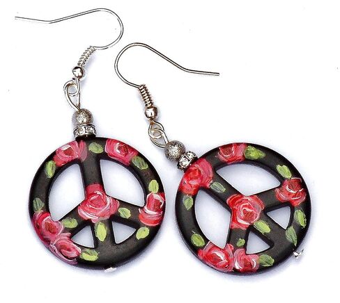 Lightweight Sterling Silver Peace Sign Hippie Boho Dangle Earrings with Artist Hand Painted Red Roses Bohemian Jewelry for Women Teen Girls in Kuwait