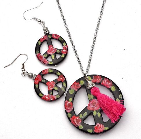 Lightweight Sterling Silver Peace Sign Hippie Boho Dangle Earrings with Artist Hand Painted Red Roses Bohemian Jewelry for Women Teen Girls in Kuwait