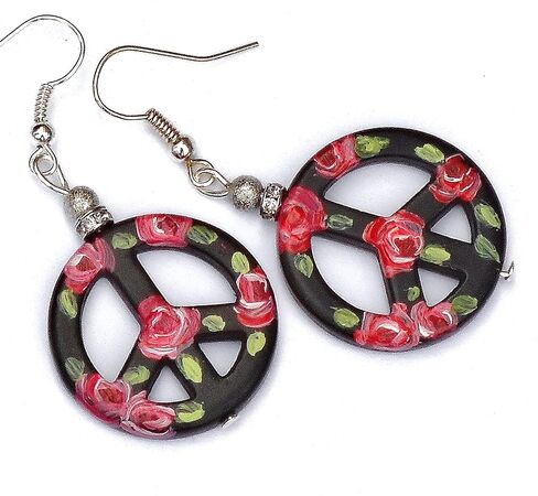 Lightweight Sterling Silver Peace Sign Hippie Boho Dangle Earrings with Artist Hand Painted Red Roses Bohemian Jewelry for Women Teen Girls in Kuwait