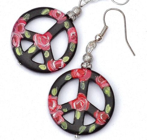 Lightweight Sterling Silver Peace Sign Hippie Boho Dangle Earrings with Artist Hand Painted Red Roses Bohemian Jewelry for Women Teen Girls in Kuwait