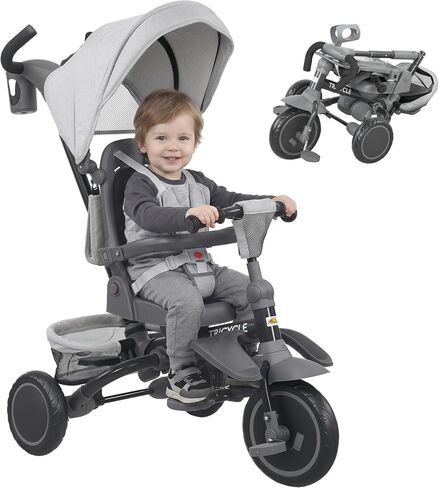 Qaba Kids Tricycle 6 in 1 Foldable Adjustable Push Handle 1-5 Years Pink in Kuwait